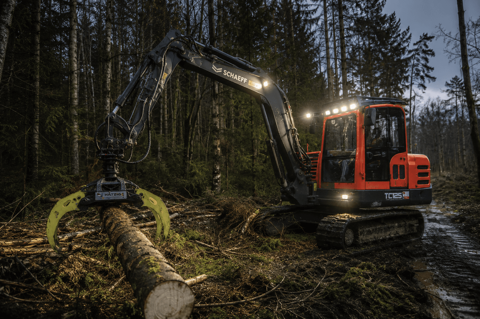Schaeff-Kettenbagger mit Greifersäge hebt einen Baumstamm