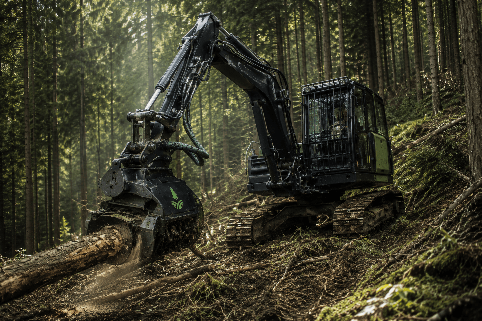 Theos eigene Forstmaschine: Kettenbagger mit Greifer am Steilhang im Wald