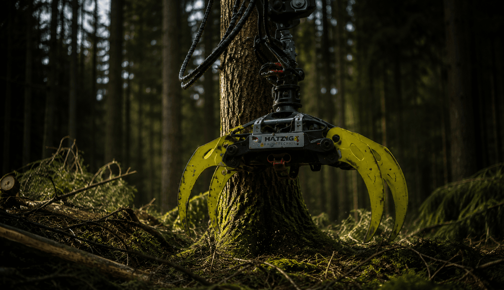 Gelbe Greifersäge umschließt einen Baumstamm im Wald