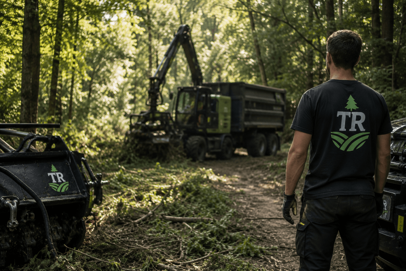 Theo Rißel mit TR-T-Shirt im Wald, im Hintergrund Forstmulcher und Forstmaschine