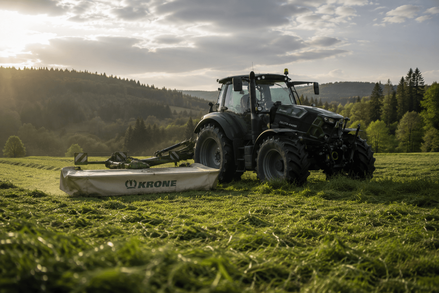 Schlepper mit Krone-Mähwerk mäht eine Wiese vor Bergkulisse