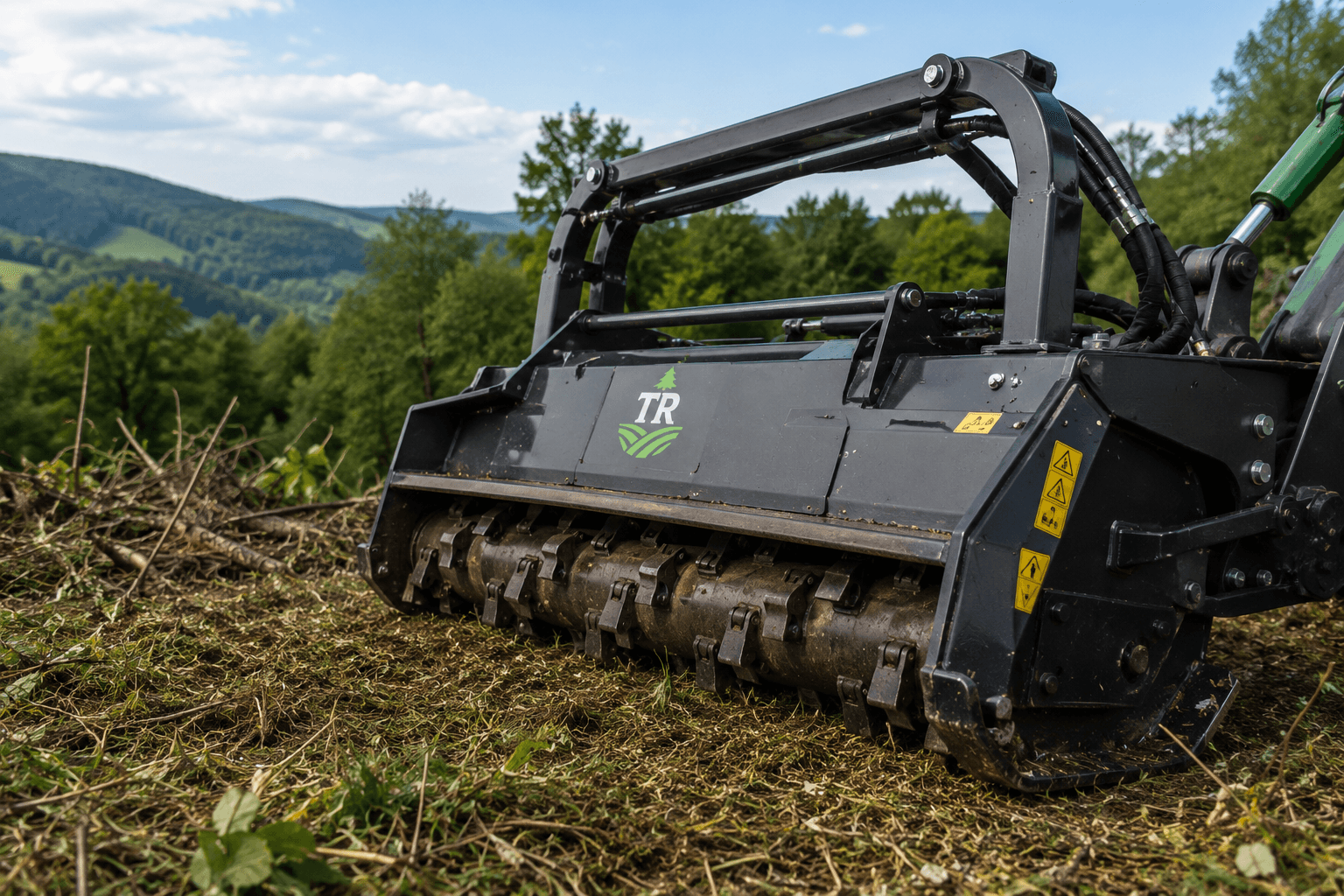 Forstmulcher mit TR-Logo am Gerät bei der Arbeit
