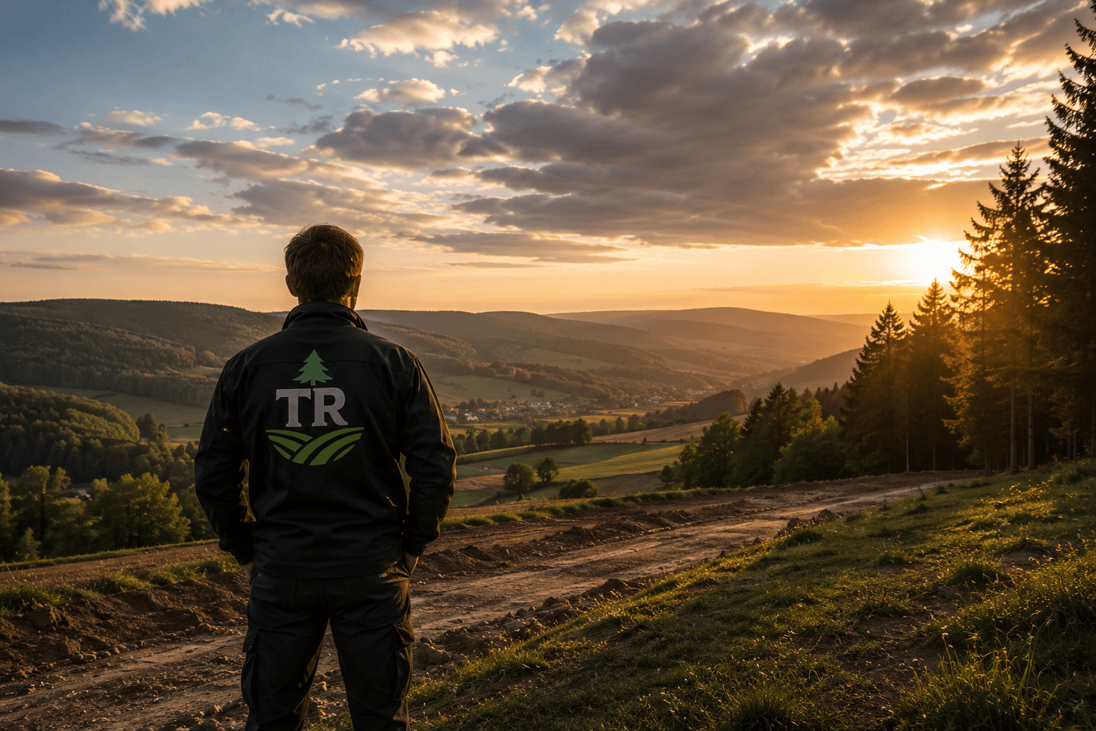 Theo Rißel von hinten in TR-Markenjacke vor Bergpanorama bei Sonnenuntergang