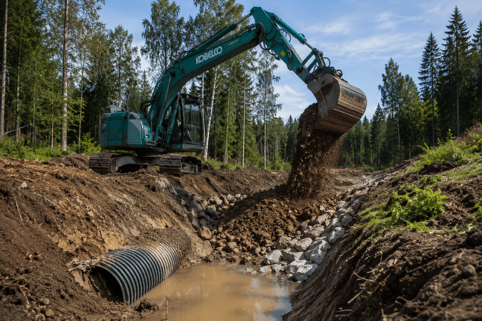 Bagger beim Grabenbau und Wegeaufbau mit Schotter